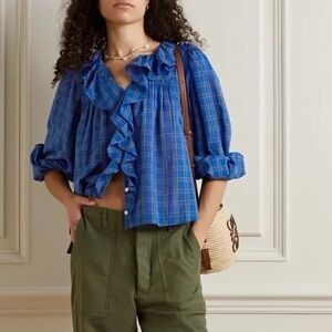 Doen Blue Plaid Ruffle Blouse